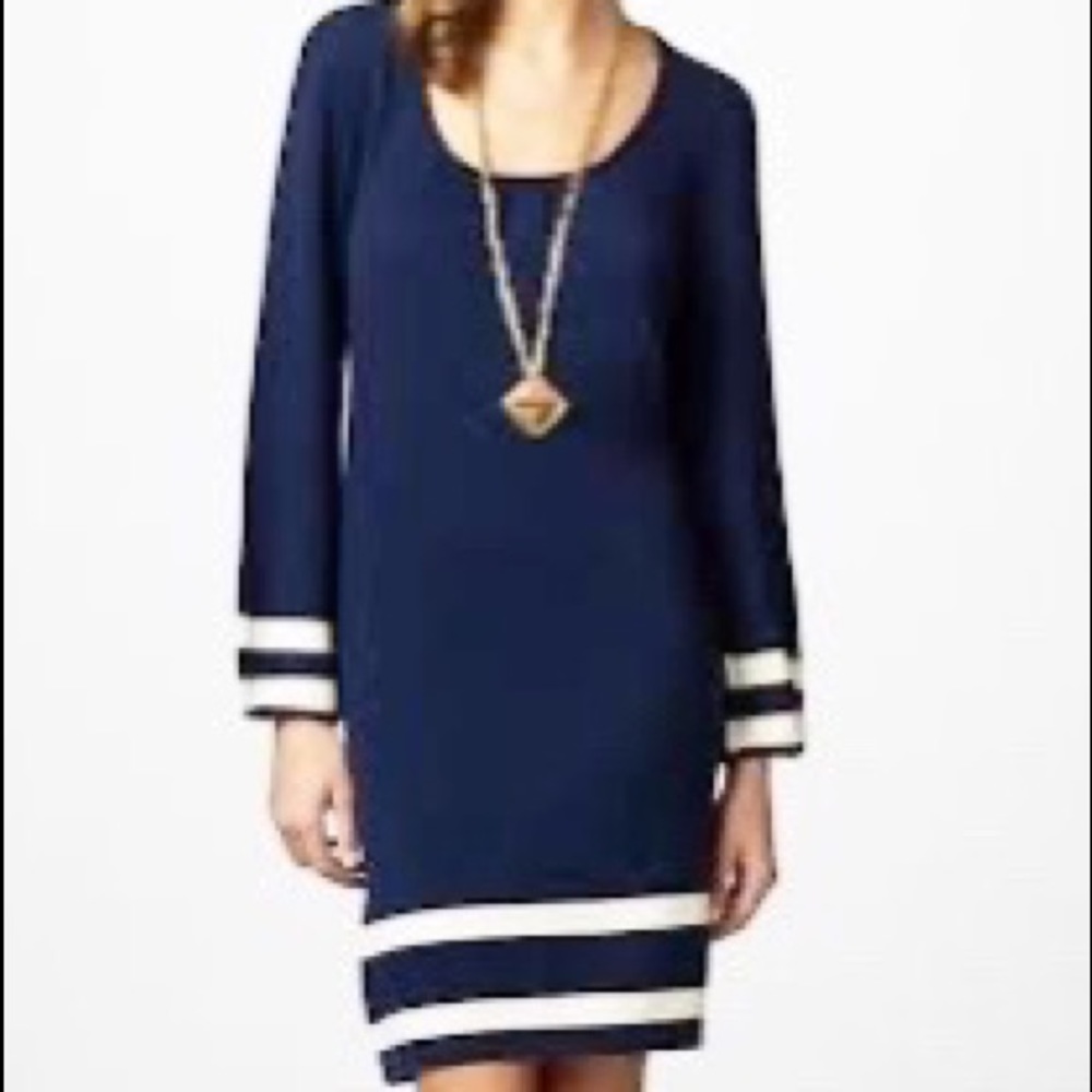 Women's Navy Stripe Sleeve & Hem Shift Dress